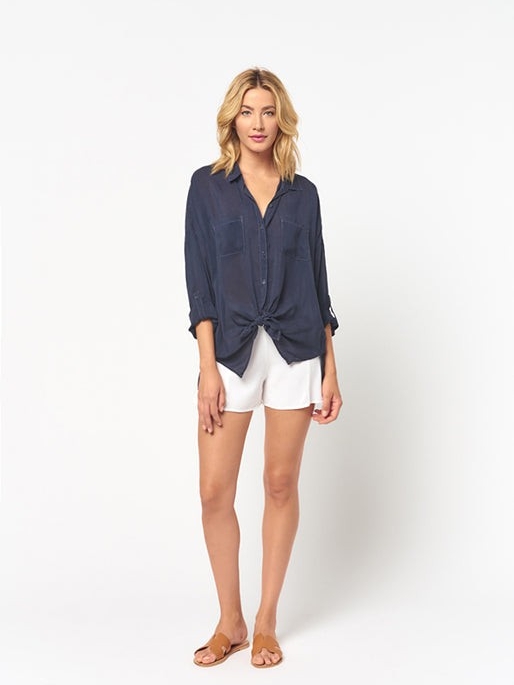 Maven West Navy Button-Front Tie Hem Shirt